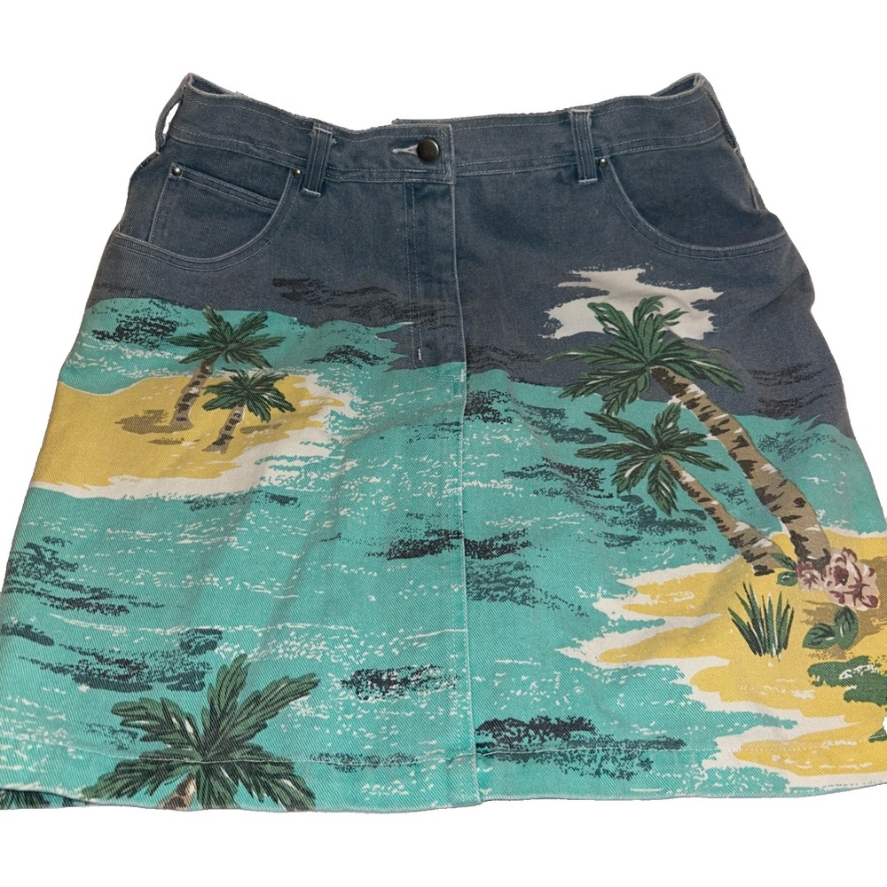 Vtg Together! Tropical Denim Skirt Womens sz 14-16 Palm Tree Cruise Resort Wear